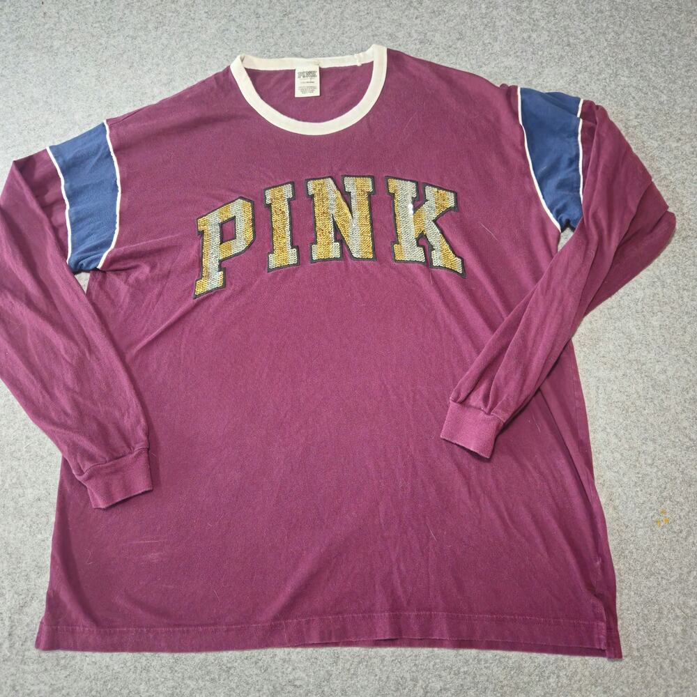 Victoria's Secret PINK Sequined Graphic Slouchy Long Sleeve Ringer Tee L